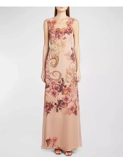 Floral-Print Sleeveless Chiffon Maxi Dres