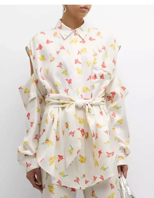 Ridge Butterfly-Print Long-Sleeve Cold-Shoulder Belted Poplin Shirt