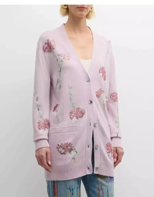 Cecil Lilac Cashmere Cardigan with Pink Carnation Crystal Embellishment
