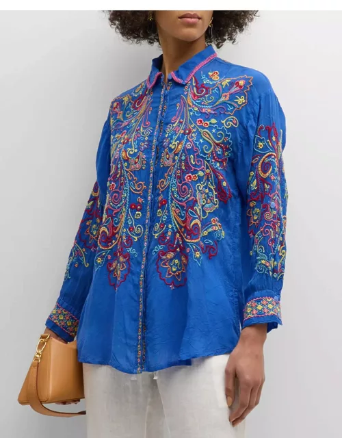 Cachemire Floral-Embroidered Button-Down Tunic