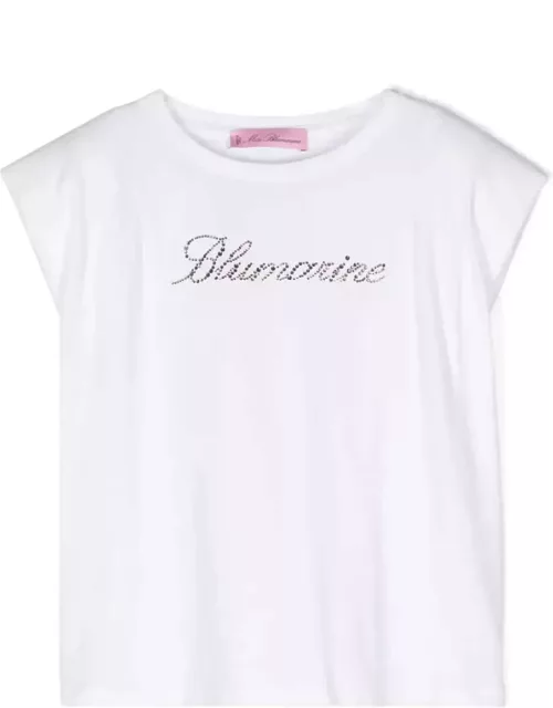 Miss Blumarine White T-shirt With Multicolor Rhinestone Logo
