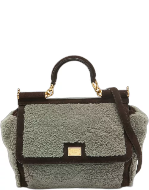 Dolce & Gabbana Brown/Grey Suede and Shearling Large Miss Sicily Top Handle Bag