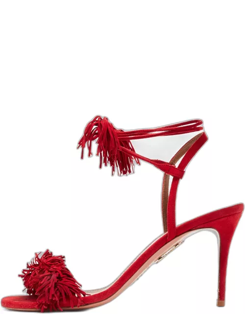 Aquazzura Red Fringed Suede Wild Thing Ankle Wrap Sandal