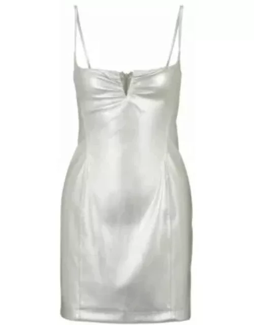 Metallic faux-leather mini dress with notch neckline- Silver Women's Day Dresse