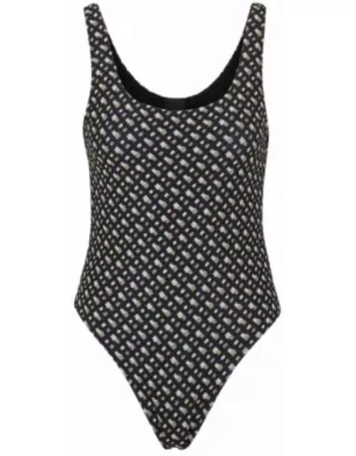 Low-back swimsuit with monogram pattern- Black Women's Swimwear
