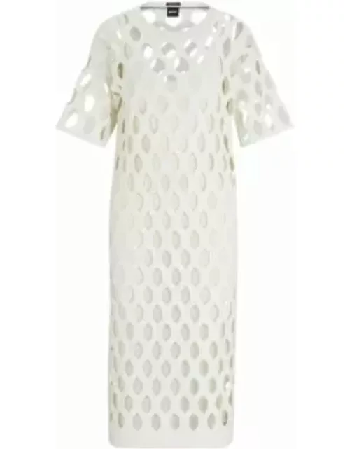 Open-structured dress with inner slip and short sleeves- White Women's Knitted Dresse