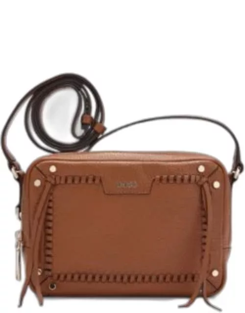 Grained-leather crossbody bag with whipstitch details- Brown Women's Handbag