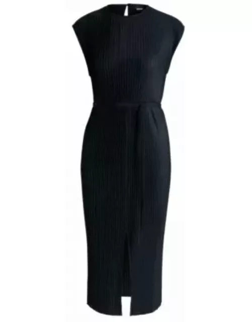 Belted sleeveless dress in high-shine pliss- Dark Blue Women's Jersey Dresse