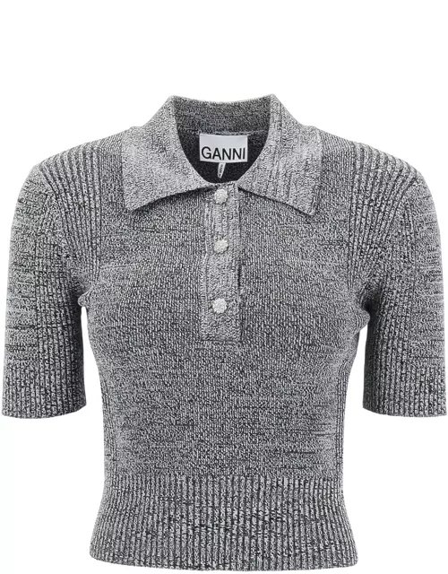 Ganni Stretch Knit Polo Top With Jewel Button