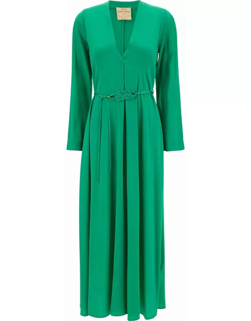 Forte_Forte Long Green Dress With Belt And Long Sleeves In Stretch Silk Woman