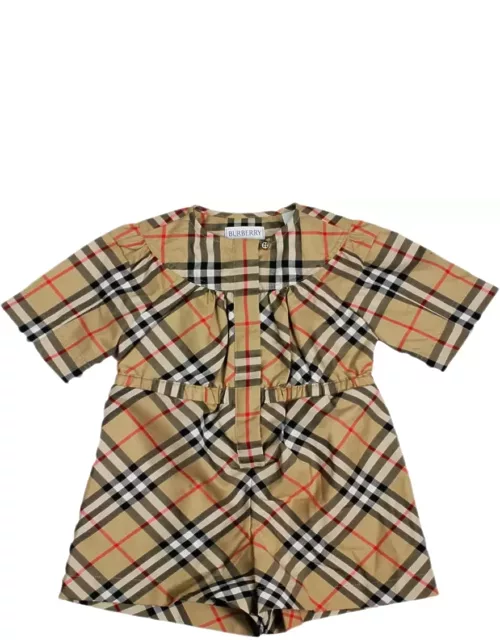 Burberry Short-sleeved Dungaree Jumpsuit With Button Closure And Elasticated Waist In Check Pattern