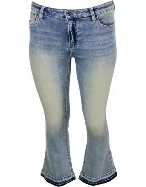 Armani Collezioni Stretch Jeans In Vintage Effect Denim Flare Capri Model With Fringed Trumpet Bottom.