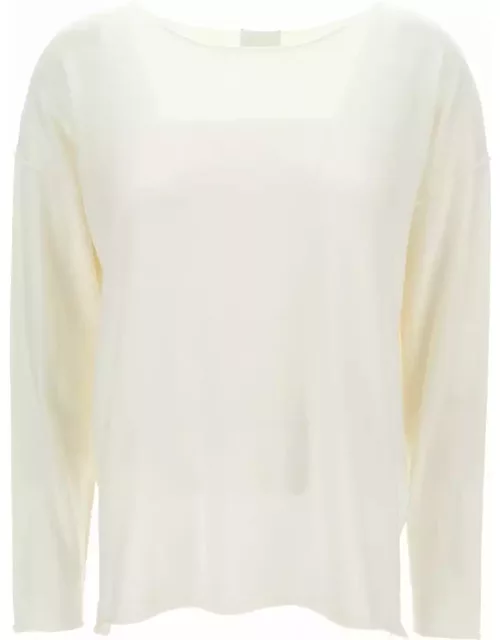 Allude Ivory Long-sleeve Top With Boat Neckline In Cotton And Cashmere Woman