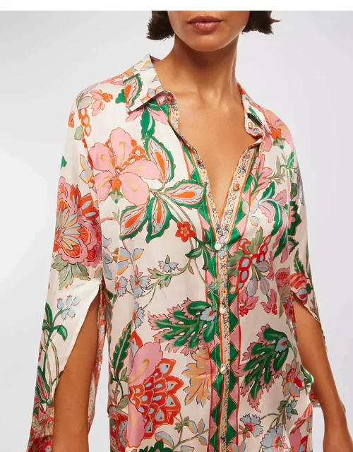 Roya Split-Sleeve Floral Button-Front Top