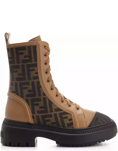 Fendi Domino Leather And Ff Fabric Ankle Boot