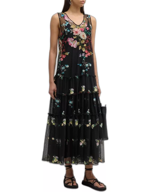 Lilliana Floral-Embroidered Mesh Maxi Dres