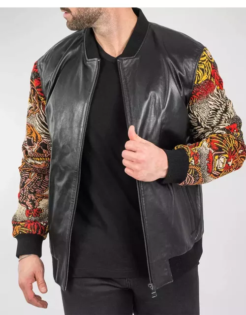 Men's Leather G Dragon Sleeve Bomber Jacket