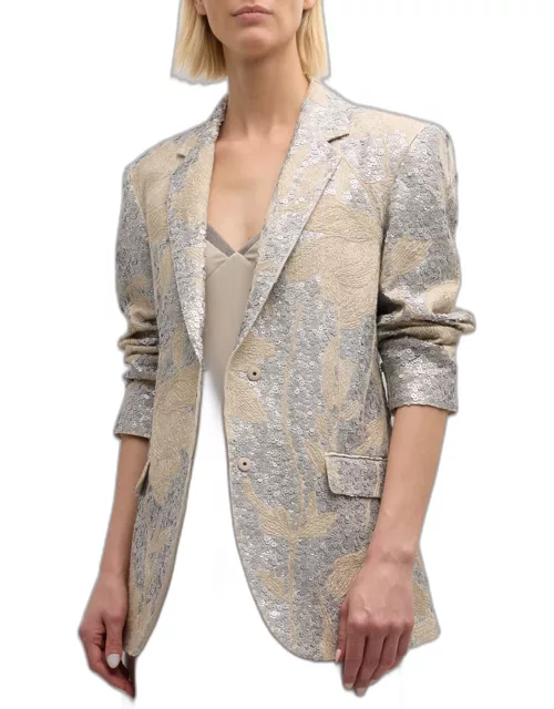 Paillette Magnolia Embroidered Single-Breasted Blazer Jacket