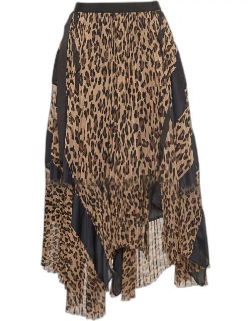 Sacai Brown Leopard Print Pleated Crepe Asymmetrical Midi Skirt
