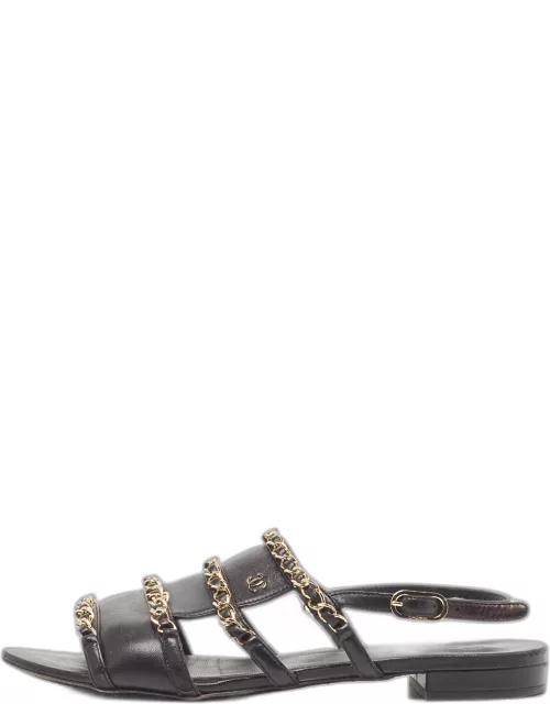 Chanel Black Leather CC Chain Link Flat Slingback Sandal