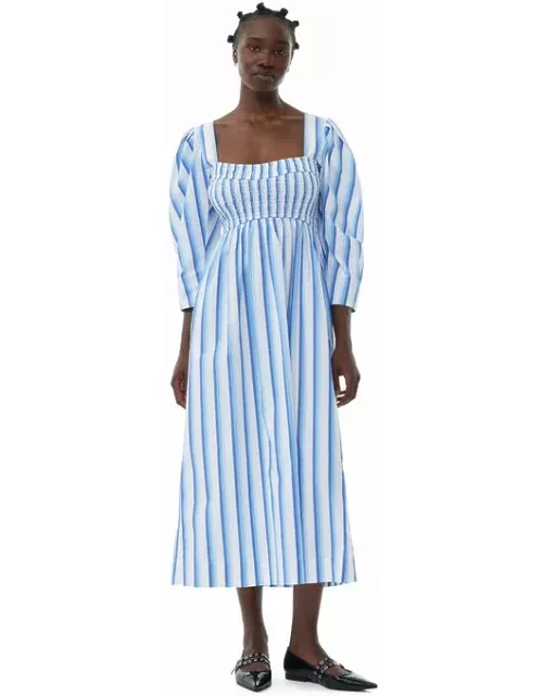 GANNI Blue Striped Cotton Smock Long Dress in Silver Lake Blue