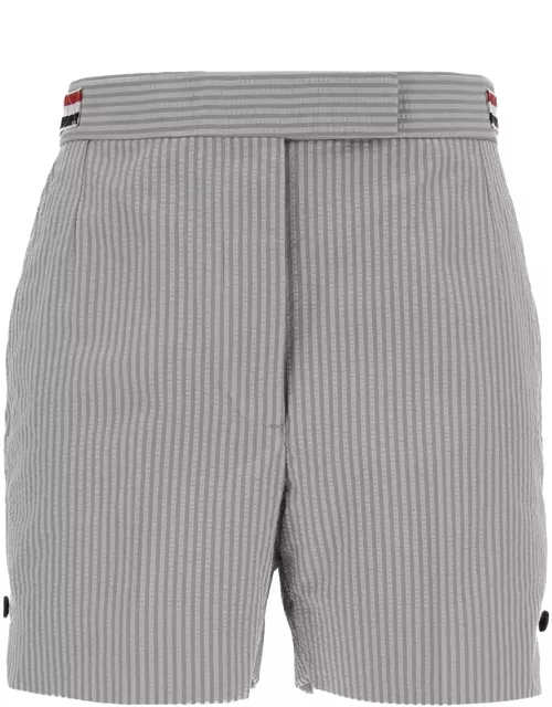 Thom Browne Angled Pocket Thigh Length Short W/ Side Tabs In Cotton Seersucker