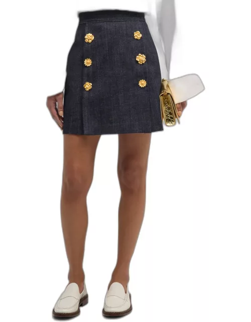 Flower Button-Front Stretch Denim Mini Skirt