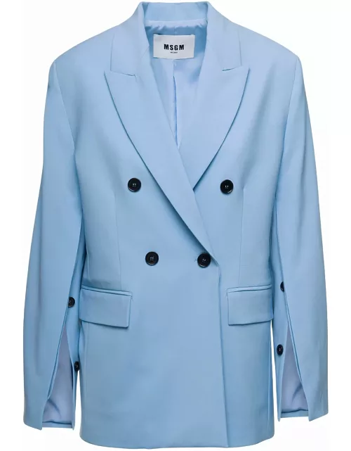 MSGM Light Blue Double-breasted Jacket With Buttoned Sleeves In Stretch Wool Woman