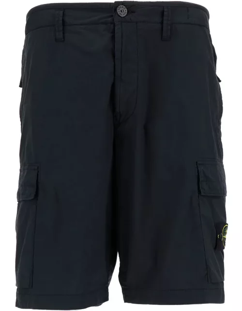 Stone Island Blue Cargo Bermuda Shorts With Logo Patch In Stretch Cotton Man