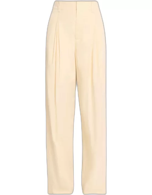 High-Rise Double Pleated Wide-Leg Technical Cotton-Silk Trouser