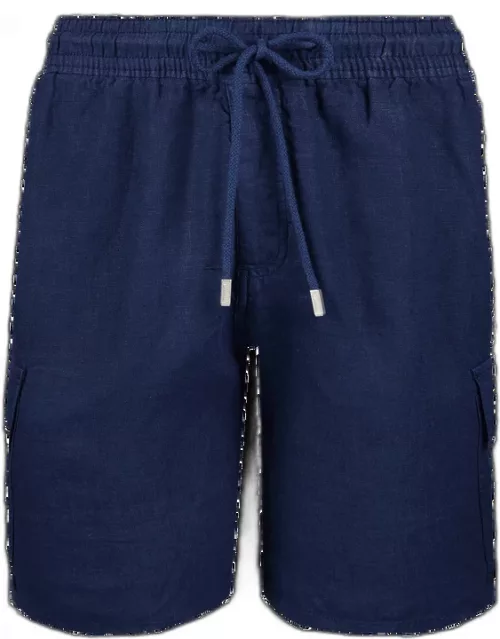 Men Linen Bermuda Shorts Cargo Pockets - Bermuda - Baoon - Blue