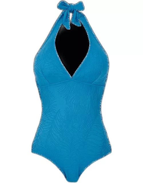 Women Halter One-piece Swimsuit Plumes Jacquard - Swimming Trunk - Famous - Blue