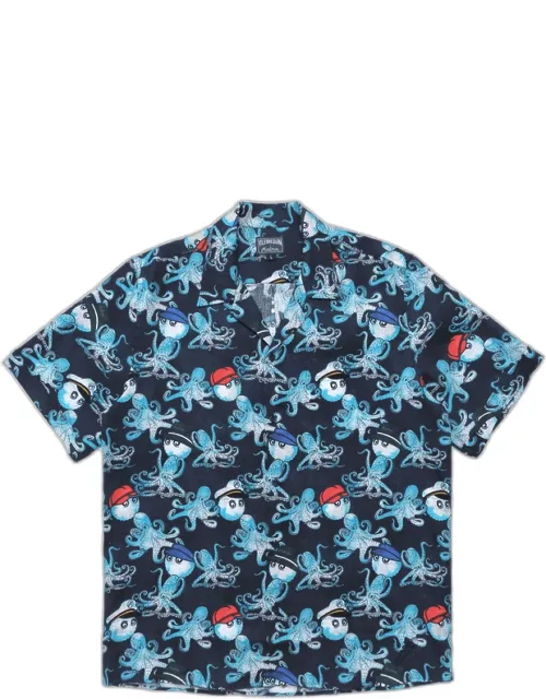 Men Printed Linen Bowling Shirt - Vilebrequin X Malbon - Shirt - Charli - Blue