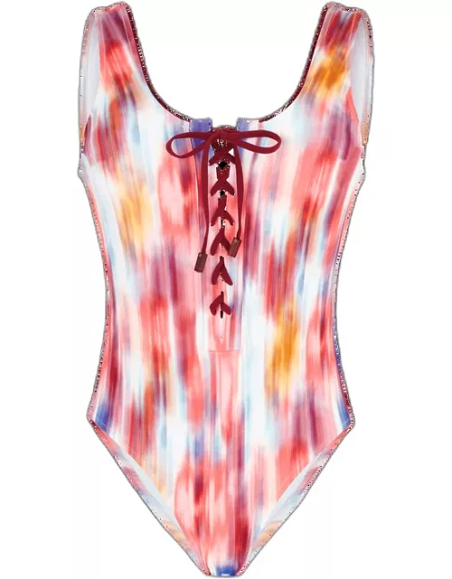 Women Lace-up One-piece Swimsuit Ikat Flowers - Swimming Trunk - Fox - Multi