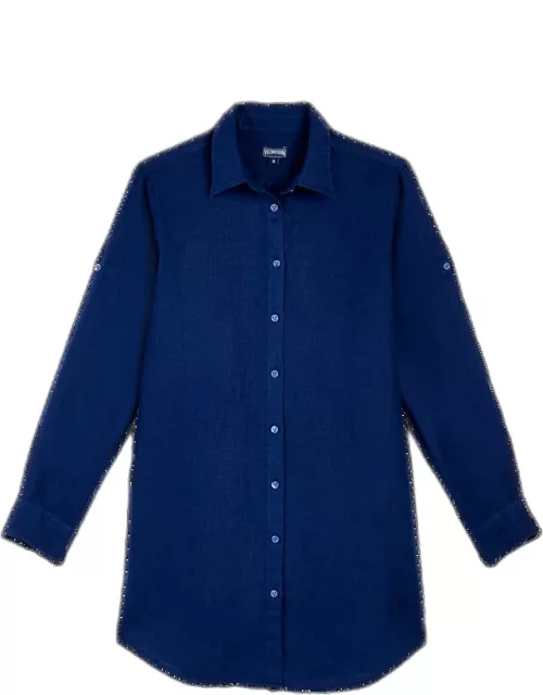 Women Linen Shirt Dress Solid - Shirt Dress - Fragance - Blue