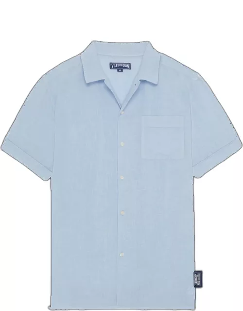 Men Linen Bowling Shirt Solid - Vilebrequin X Highsnobiety - Shirt - Charli - Blue