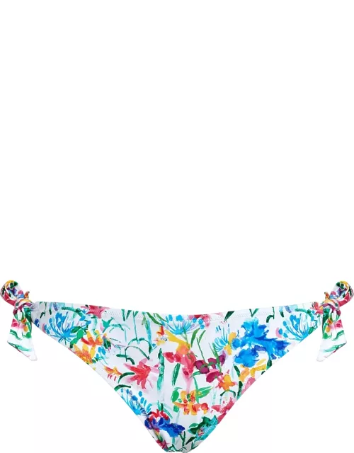 Women Side Tie Bikini Bottom Happy Flowers - Swimming Trunk - Flamme - White