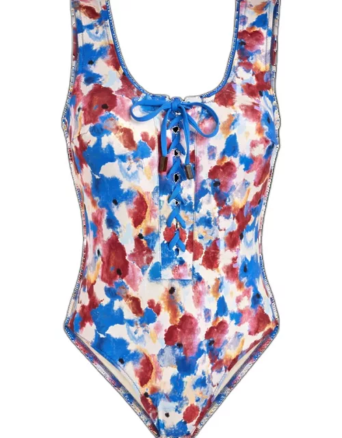Women Lace-up One-piece Swimsuit Flowers In The Sky - Swimming Trunk - Fox - Blue