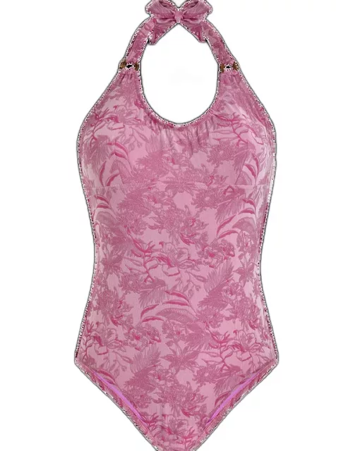 Women Halter Embroidered One-piece Swimsuit Jacquard Floral - Swimming Trunk - Fire - Pink