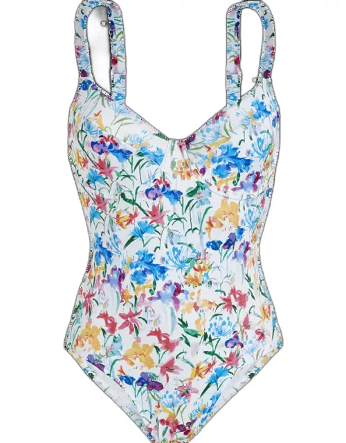 Women One-piece Swimsuit Happy Flowers - Swimming Trunk - Leonita - White