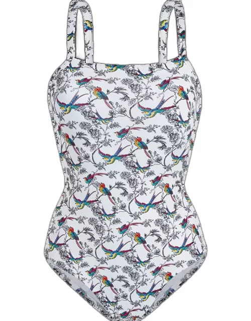 Women Crossed Back Straps One-piece Swimsuit Rainbow Birds - Swimming Trunk - Laure - White