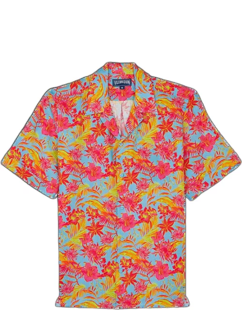 Men Bowling Linen Shirt Tahiti Flowers - Shirt - Charli - Blue