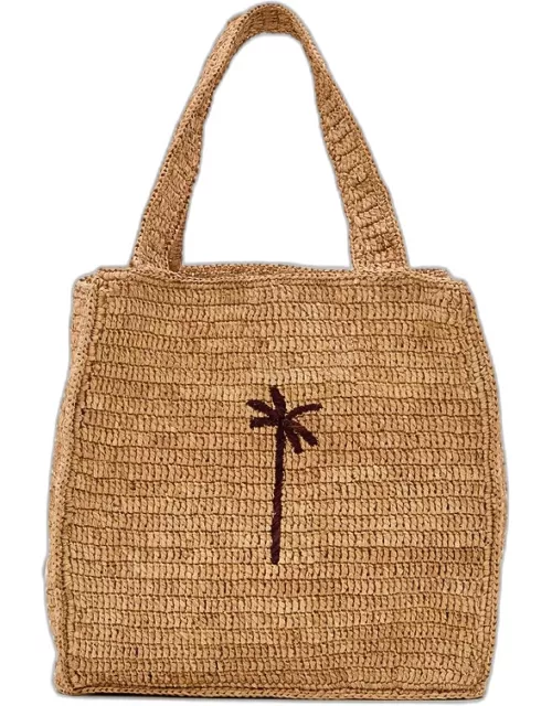 Manebi Squared Raffia Tote Bag W/palm Detail Brown TU