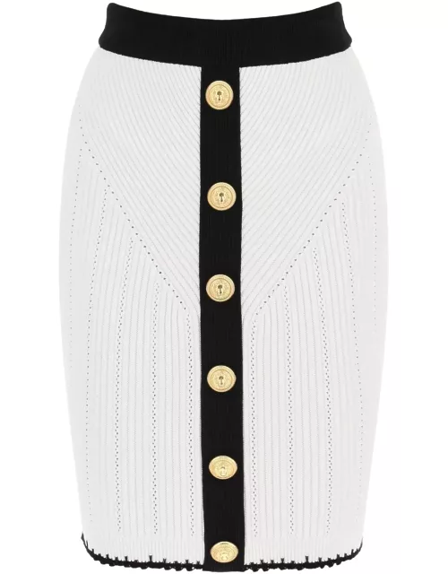 BALMAIN bicolor knit midi skirt with embossed button