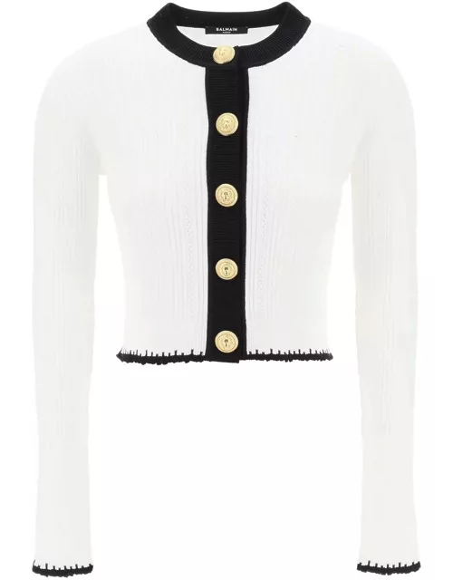 BALMAIN Bicolor knit cardigan with embossed button