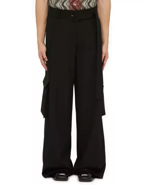 Black wool wide trousers with belt