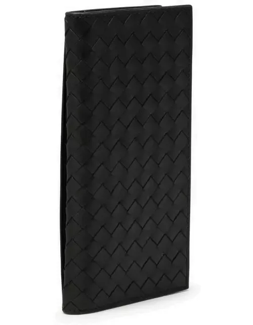 Black vertical bi-fold wallet in woven leather