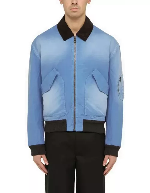 Blue washed effect zipped cotton bomber jacket