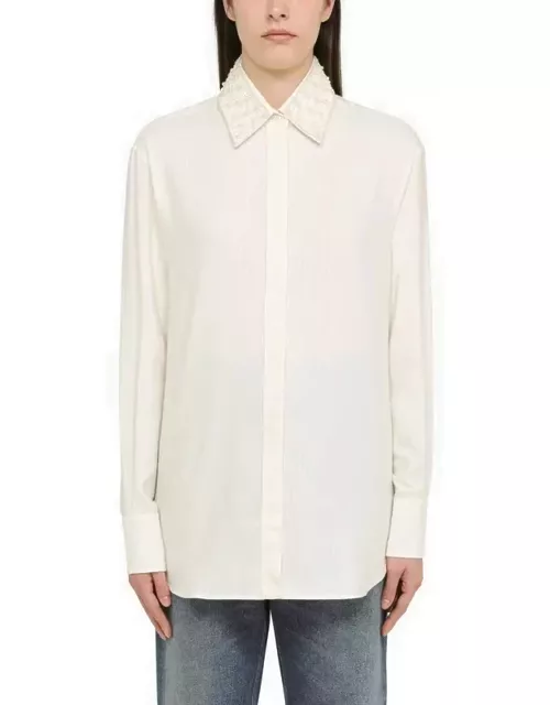 White silk blend shirt with pearl collar