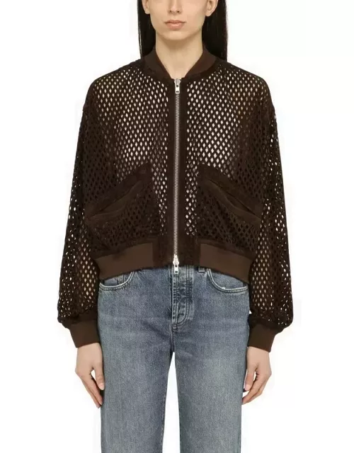 Brown perforated leather bomber jacket